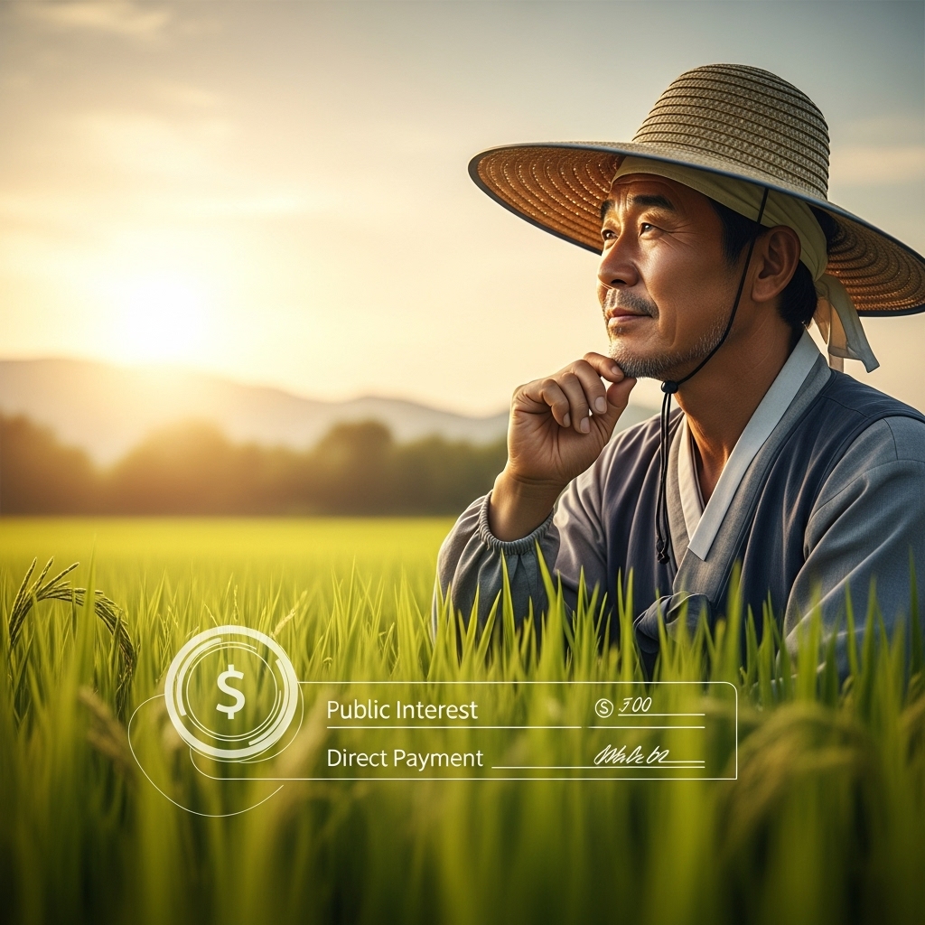 초록빛 논밭을 배경으로 희망찬 표정으로 서 있는 한국인 농부, 다가오는 공익직불금 신청의 중요성을 상징하며 농업의 미래를 보여줍니다.