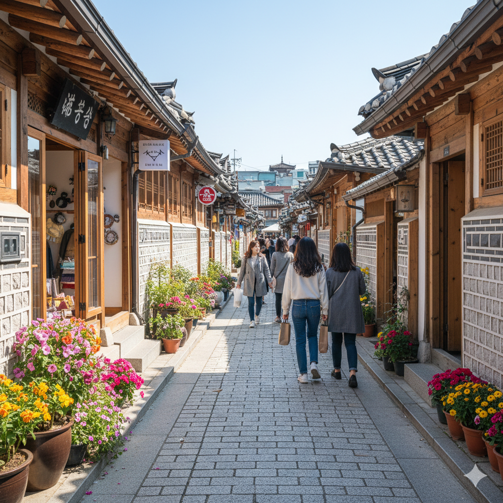 경복궁 돌담길과 현대적인 카페가 어우러진 서촌 거리 풍경
