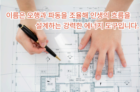 설계 도면 위에 손과 펜이 놓인 이미지 위에 '이름은 오행과 파동을 조율해 인생의 흐름을 설계하는 강력한 에너지 도구입니다'라는 문구가 쓰여 있음