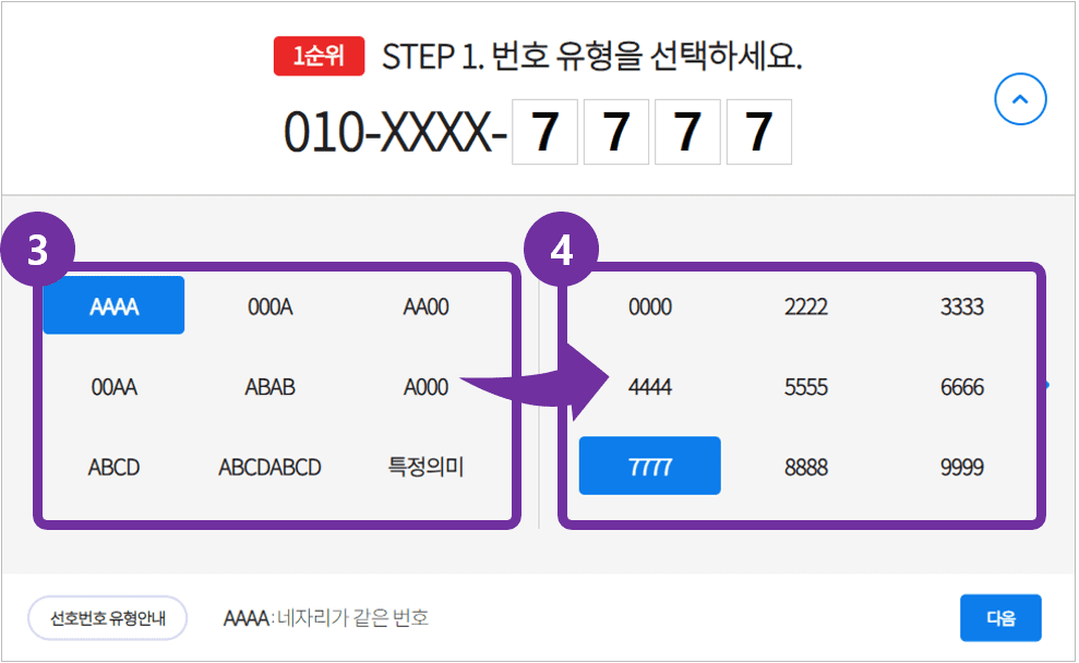 번호 유형을 선택하여 선호 하는 번호를 선택하는 화면
