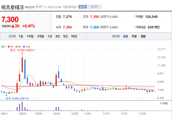 비츠로테크 3개월 주가(일봉)