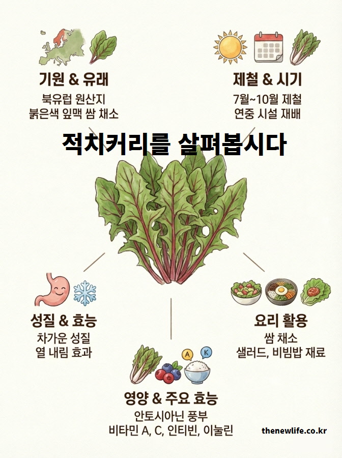 북유럽 원산지와 붉은 잎맥의 특징을 보여주는 적치커리 효능 기초 정보 이미지