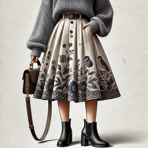 크루넥니트 플레어 스커트 랭클부츠 (crewneck sweater paired with a flare skirt)