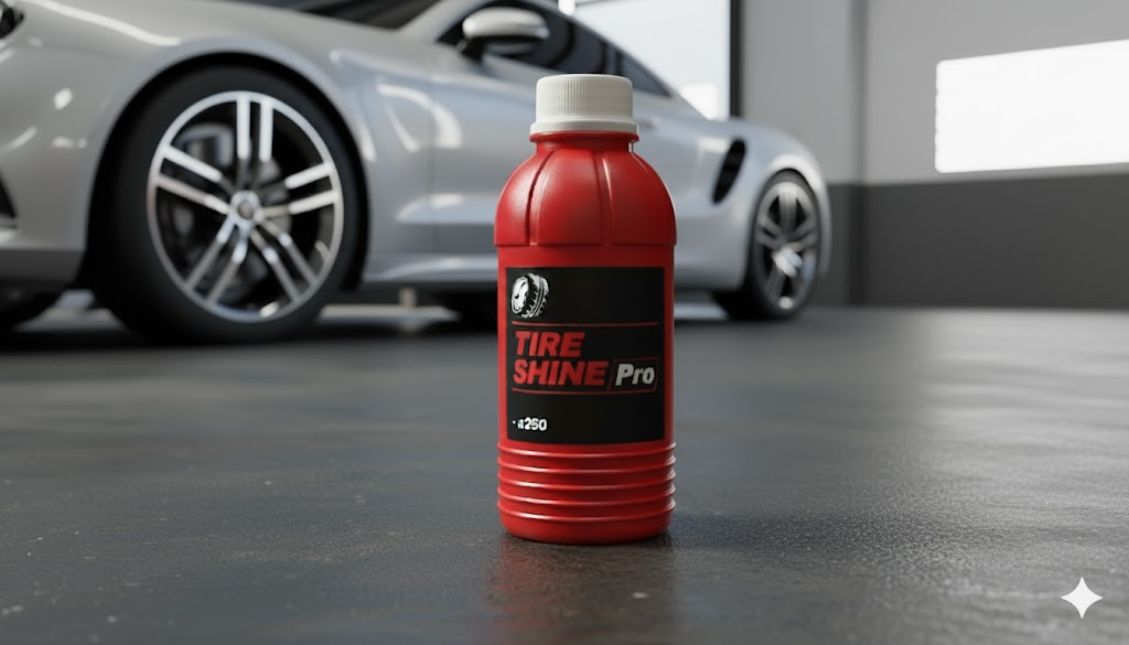 스포츠카 옆에 놓인 a250 타이어 광택제 용기. 쌓여있는 타이어와 함께 전문적인 디테일링 제품의 위상을 보여줌