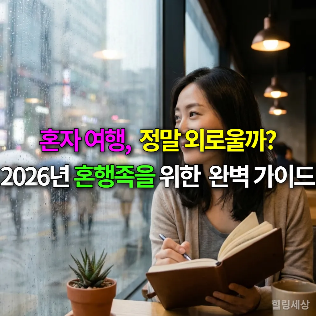 창가 카페 테이블에 앉아 여행 일기를 쓰는 젊은 한국 여성의 모습