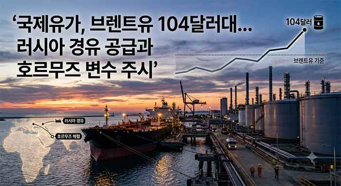 국제유가 브렌트유 104달러 상승 및 석유 정제 시설 그래픽.