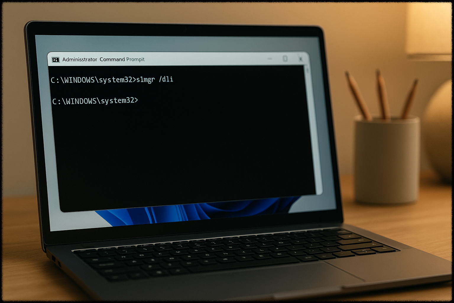 CMD로 윈도우 정품 인증 확인하는 장면