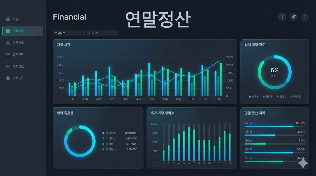 2026년 연말정산 데이터 분석을 시각화한 세련된 금융 대시보드 그래픽 이미지