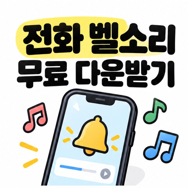 전화 벨소리 무료 다운받기 문구와 스마트폰, 음표, 벨 아이콘을 보여주는 대표 카드