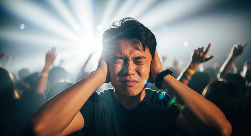 콘서트장에서 귀를 막는 젊은 남성