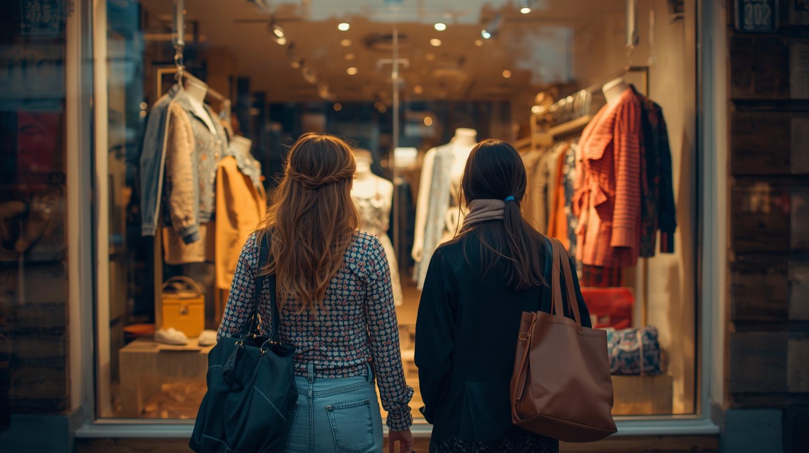 두 여성이 밖에서 창문을 통해 옷가게안 상품을 보고 있는 상황.