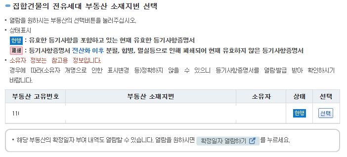집합건물의 전유세대 부동산 소재지번 선택
