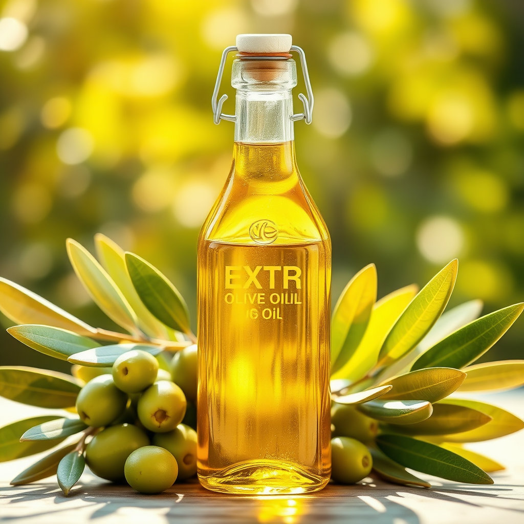 투명한 유리병에 담긴 엑스트라 버진 올리브 오일이 따뜻한 햇살을 받아 영롱하게 빛나고, 그 옆에는 갓 수확한 듯한 초록색 올리브 열매와 잎사귀가 놓여 있습니다. 전체적으로 깨끗하고 자연 친화적인 느낌을 강조합니다.