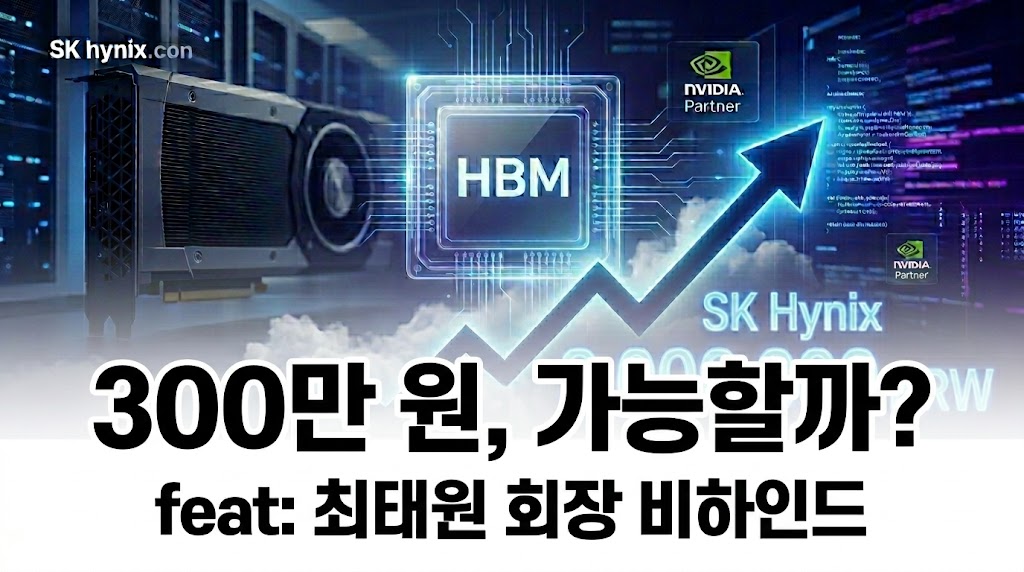 SK하이닉스 주가 300만 원 전망 가능성 분석과 최태원 회장의 인수 비하인드 스토리를 다룬 블로그 대표 썸네일 이미지로, 배경에는 HBM 반도체 기판과 엔비디아 파트너 로고, 우상향 주가 차트 그래픽이 포함되어 있음.
