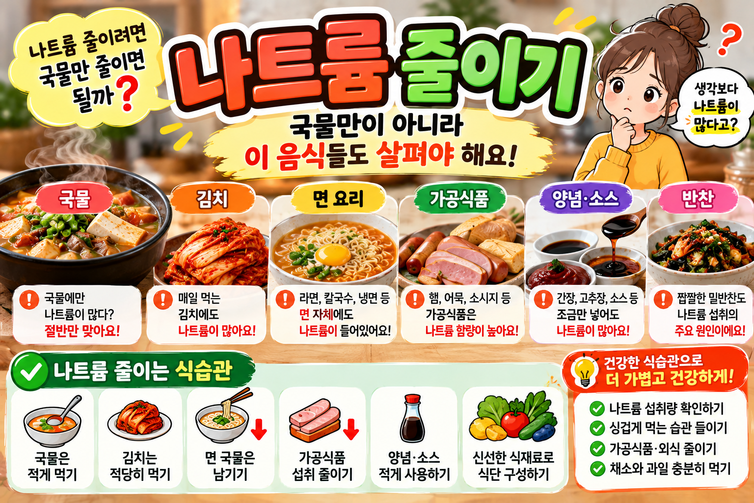나트륨 줄이기와 국물 섭취에 대한 오해, 음식 속 숨은 나트륨 및 건강한 식습관 개선 방법을 소개하는 건강정보 썸네일 이미지. 상단에는 '나트륨 줄이기'라는 제목과 국물만 줄이면 충분한지 질문하는 문구가 표시되어 있다. 중앙에는 국물 요리, 김치, 라면과 칼국수 등 면 요리, 햄과 소시지 같은 가공식품, 간장과 고추장 등 양념 및 소스, 짭짤한 밑반찬이 배치되어 다양한 음식에 나트륨이 포함되어 있음을 설명한다. 하단에는 국물 적게 먹기, 김치 적당히 먹기, 면 국물 남기기, 가공식품 섭취 줄이기, 양념과 소스 적게 사용하기, 신선한 채소와 과일 섭취하기 등 일상에서 실천할 수 있는 나트륨 줄이는 방법을 안내하고 있다.