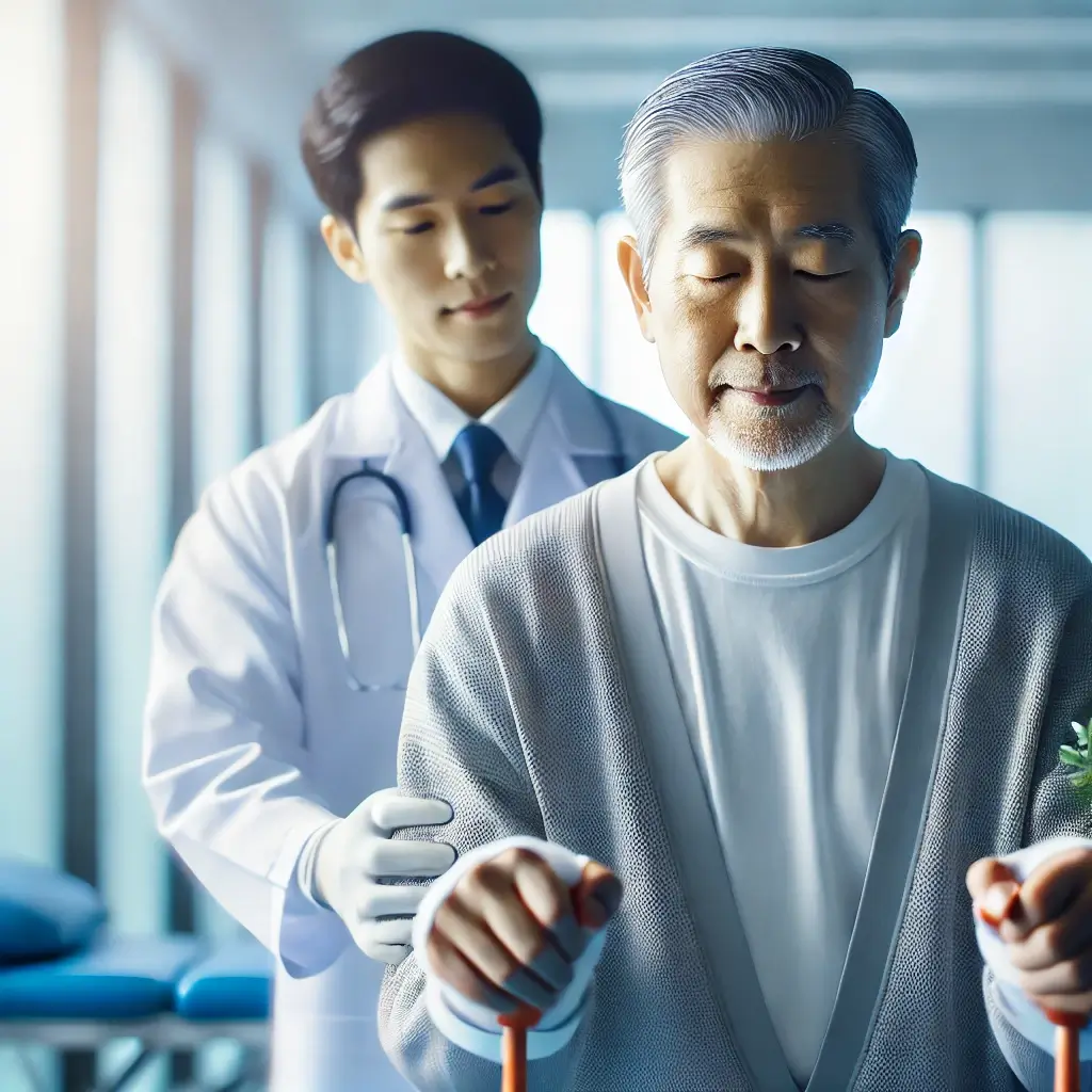 모야모야병 수술 후 재활 치료를 받는 동아시아 환자가 물리 치료사의 지도 아래 운동을 하고 있는 모습, 밝고 깨끗한 재활 센터에서 환자가 차분하게 치료에 참여하는 장면.