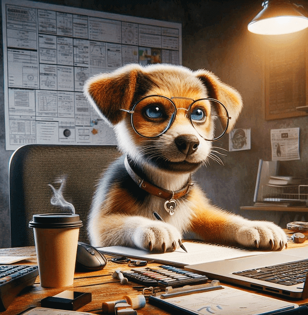 갈색털을 가진 작은 개가 책상 앞에 앉아 노트북을 보며 일하고 있다. 책상에는 뜨거운 김이 나는 커피와 공책이 있다.