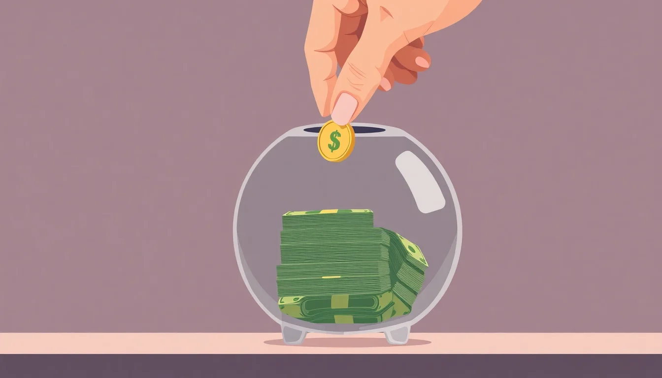 투명한 돼지 저금통에 지폐가 쌓여있고, 손으로 동전을 넣는 모습.