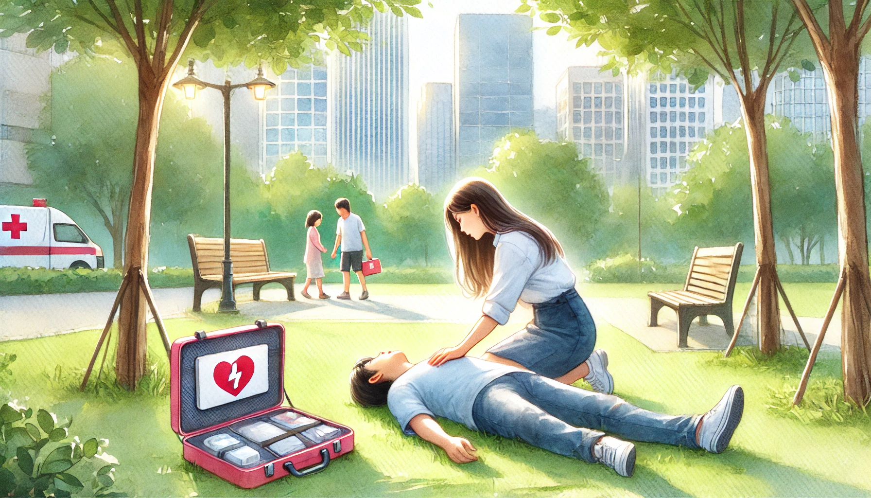 도심 공원에서 기절한 사람을 도와주는 응급처치 장면을 수채화 스타일로 표현한 일러스트. 쓰러진 사람 옆에 무릎 꿇은 구조자가 호흡을 확인하며 손을 잡고 있으며, 옆에는 응급처치 키트가 열려 있다.
