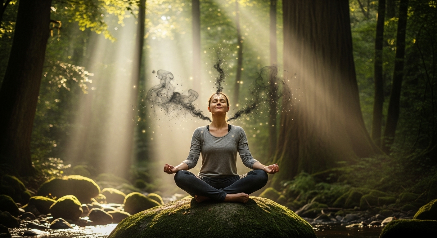 명상을 통해 심신을 안정시키는 평화로운 사람의 모습.