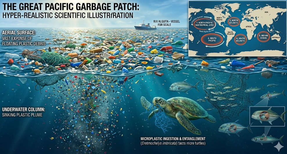 태평양 거대 쓰레기 지대(GPGP) 위치 및 해류 집적 경로 도식