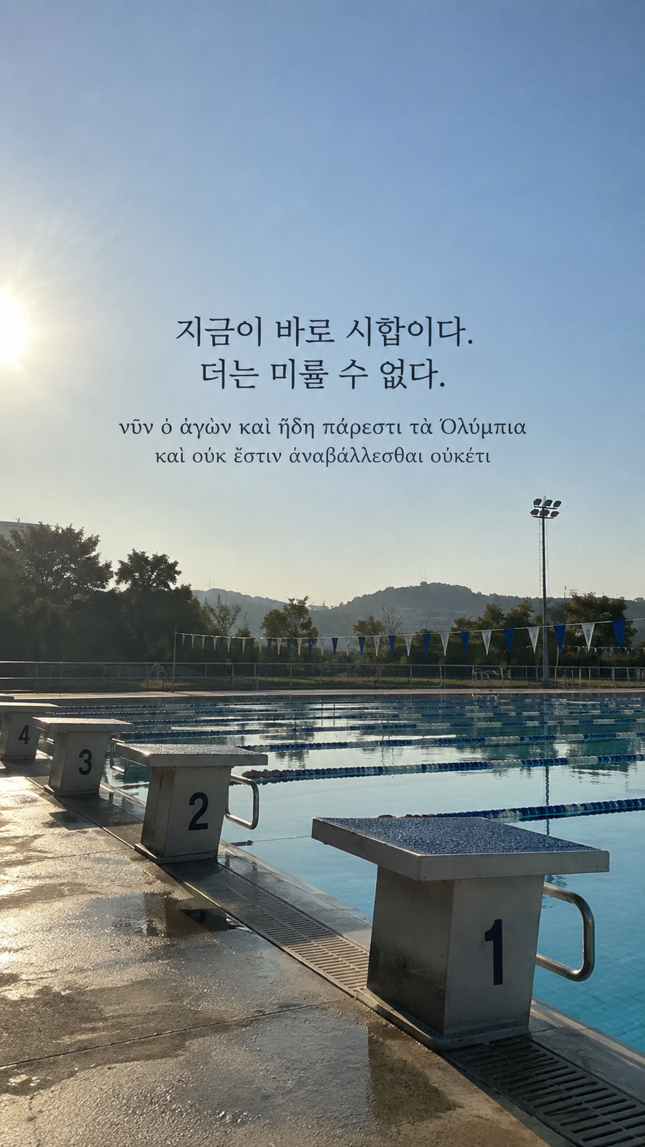 에픽테토스 명언 30 지금이 바로 시합이다. 더는 미룰 수 없다. — 아침 햇빛의 수영장 출발대