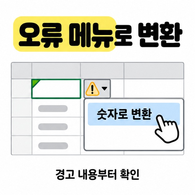 텍스트 숫자 경고가 있는 셀 옆에서 숫자로 변환 메뉴를 손으로 선택하고 경고 내용부터 확인하라고 안내한 그림