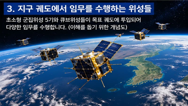 <img src=”nuri-small-satellites-earth-orbit.jpg” alt=”지구 궤도에서 임무를 수행하는 초소형 위성을 표현한 과학 일러스트”>