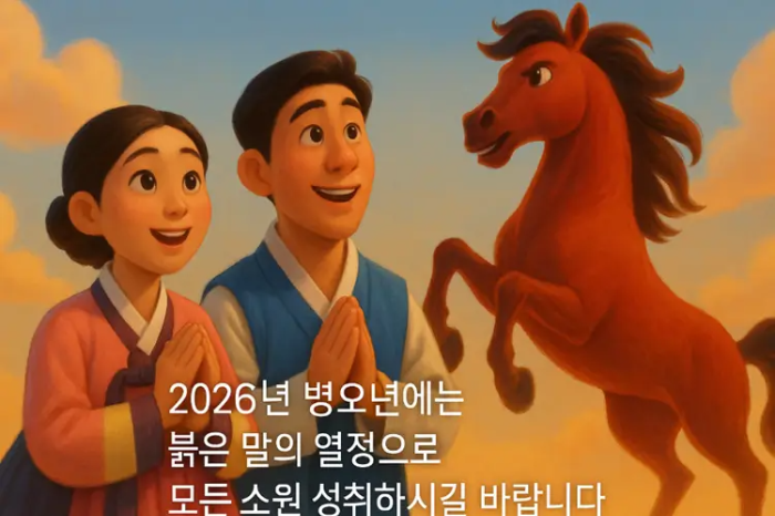 붉은말과 한복입은 남녀