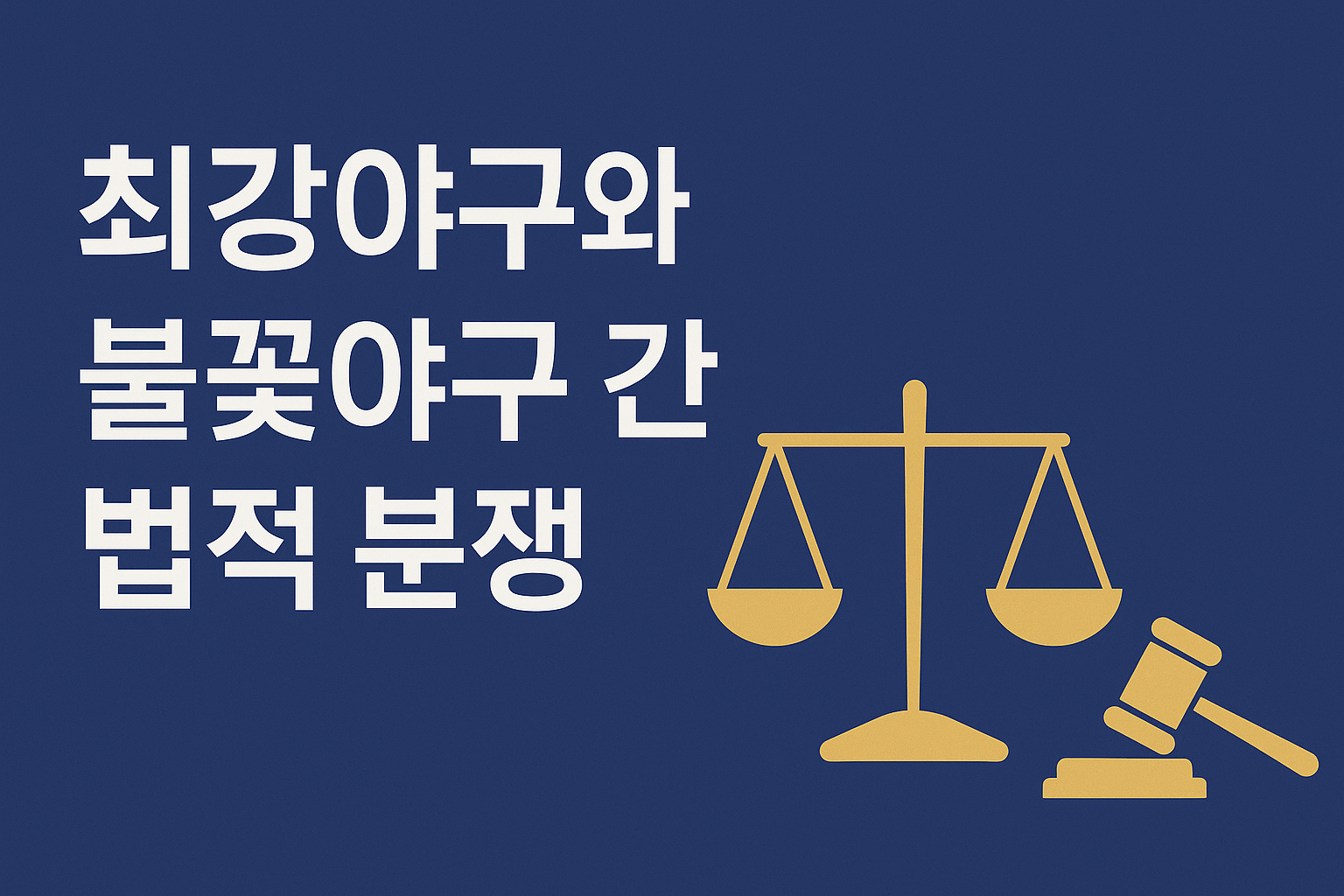 최강야구와 불꽃야구 간의 법적 분쟁을 다룬 블로그 썸네일 이미지. 짙은 남색 배경 위에 흰색 한글 텍스트 ‘최강야구와 불꽃야구 간 법적 분쟁’이 배치되어 있고, 오른쪽에는 저울과 판사 망치가 금색으로 그려져 있어 저작권 논란과 법정 공방을 상징한다. JTBC와 스튜디오C1 간 예능 포맷 저작권 분쟁을 주제로 한 16:9 비율의 이미지.