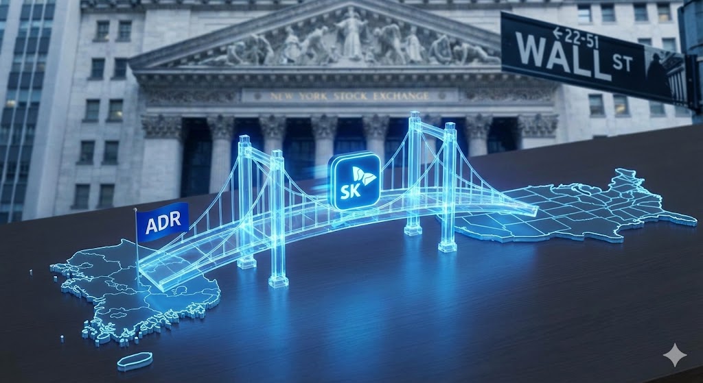 한국 지도에서 출발한 SK하이닉스 로고가 다리를 건너 화려한 미국 월스트리트로 넘어가는 모습