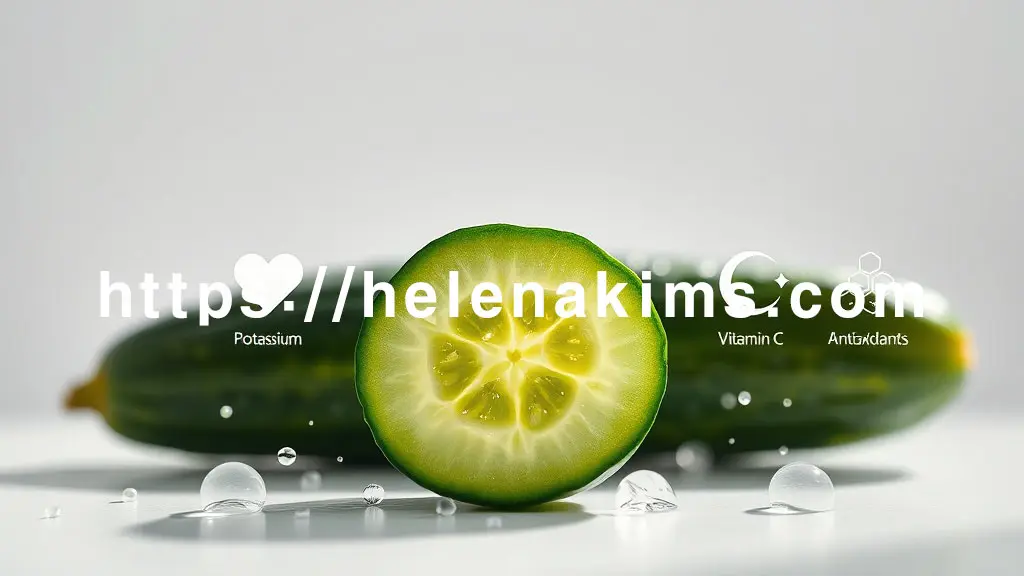 신선하게 잘린 오이 단면 중앙에 놓여 있고, 오이 주변으로는 수분 입자, 칼륨, 비타민 C, 항산화 성분을 상징하는 그래픽 아이콘들이 있는 이미지.