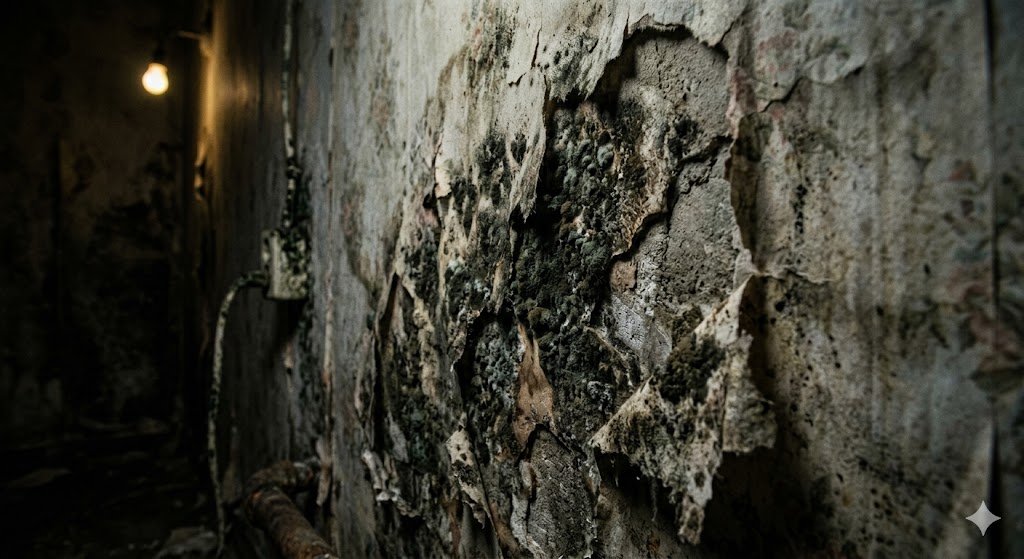 A close-up of dark, disgusting mold spreading rapidly across the peeling wallpaper of a dimly lit apartment room, symbolizing a creeping curse.