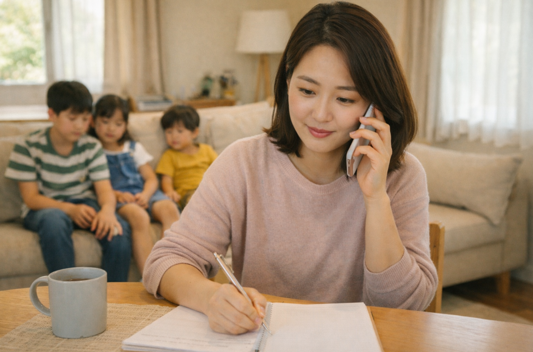 차분한 분위기에서 전화로 다자녀 전기요금 할인 상담을 받는 모습
