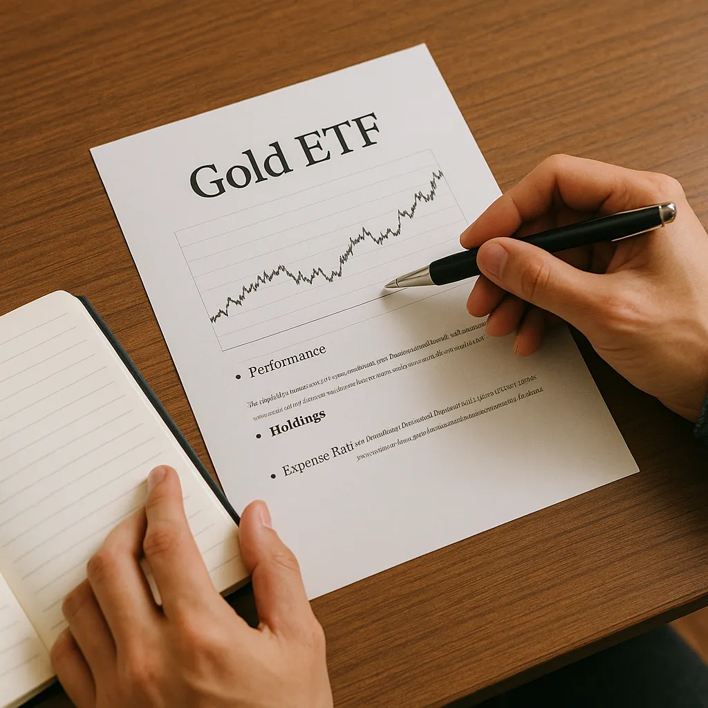 금 ETF 성과 그래프를 펜으로 짚으며 메모하는 모습