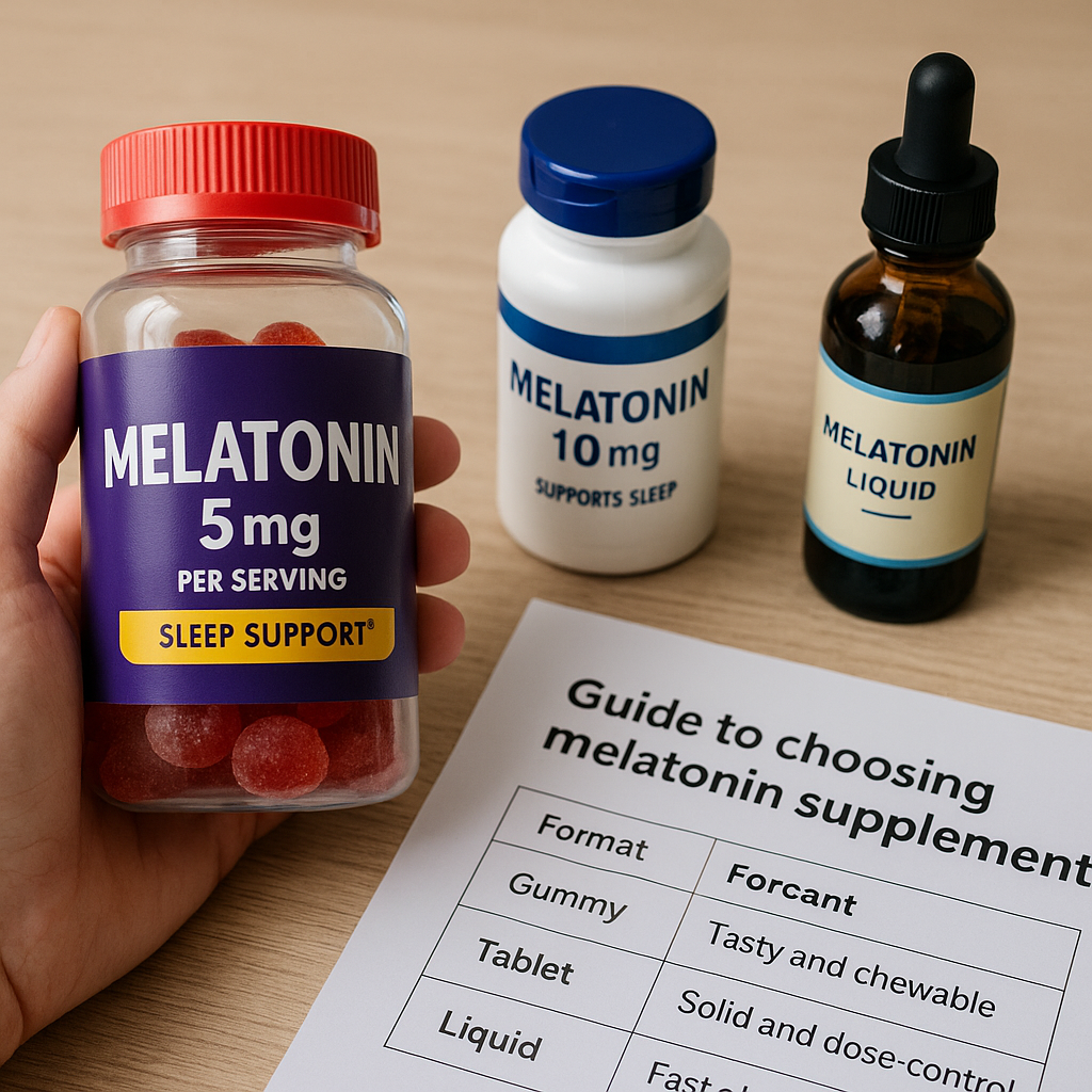 멜라토닌 구미&amp;#44; 정제&amp;#44; 캡슐&amp;#44; 액상 형태의 다양한 영양제가 책상 위에 정렬되어 있으며&amp;#44; 각 용량(5mg&amp;#44; 3mg&amp;#44; 10mg)이 라벨에 명시되어 있고 배경에는 흐릿한 노트북이 보인다.