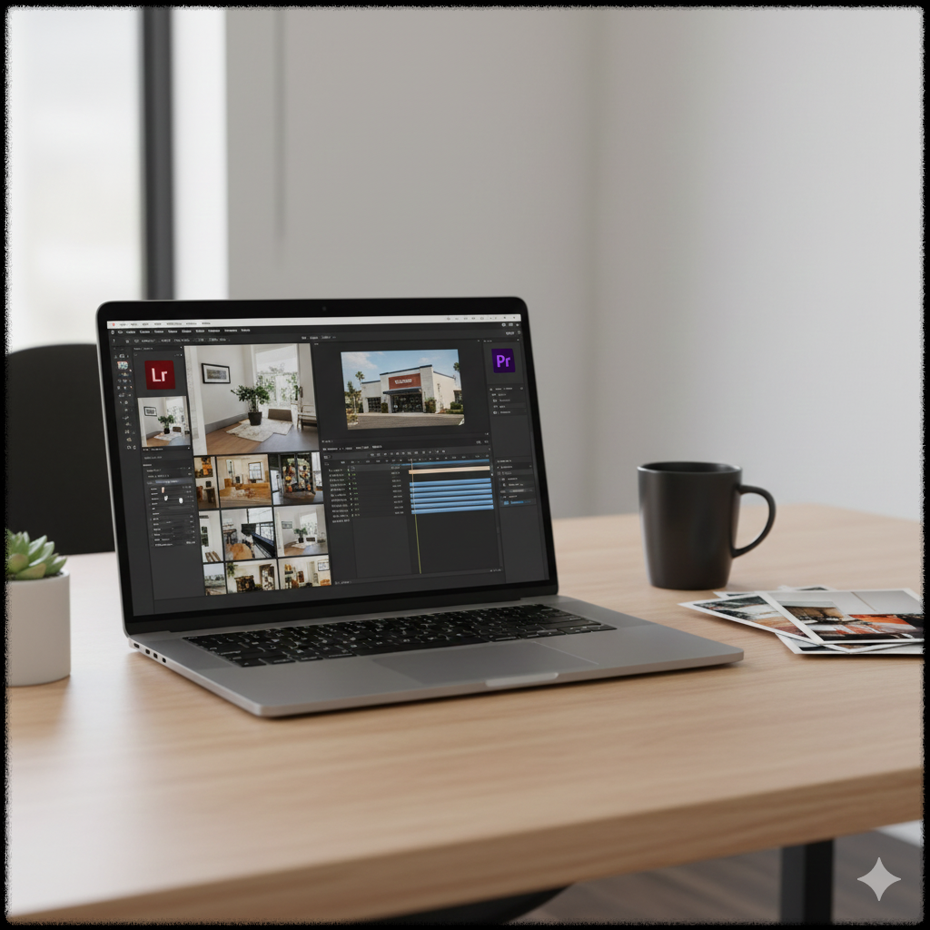 촬영한 사진과 드론 영상을 편집하고 납품을 준비하는 모습