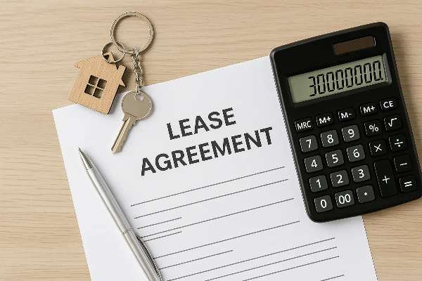 임대 계약서 위에 집 모양 열쇠고리, 키, 계산기, 볼펜이 정갈하게 놓인 부동산 계약 관련 이미지, 텍스트 없음