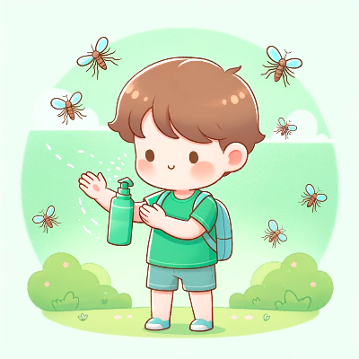 An image of a child applying insect repellent lotion on their arm, surrounded by cartoon-style mosquitoes in a park setting.