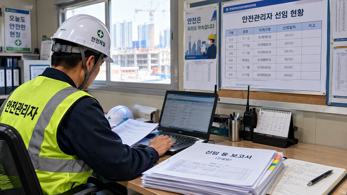 건설현장 사무실에서 안전관리자가 선임 보고 서류와 공사금액 기준을 점검하는 모습