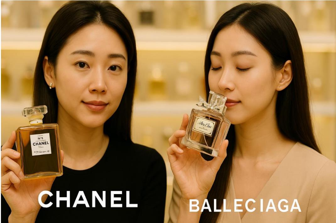 한 여성은 샤넬 No.5, 다른 한 여성은 미스 디올을 냄새 맡는 모습