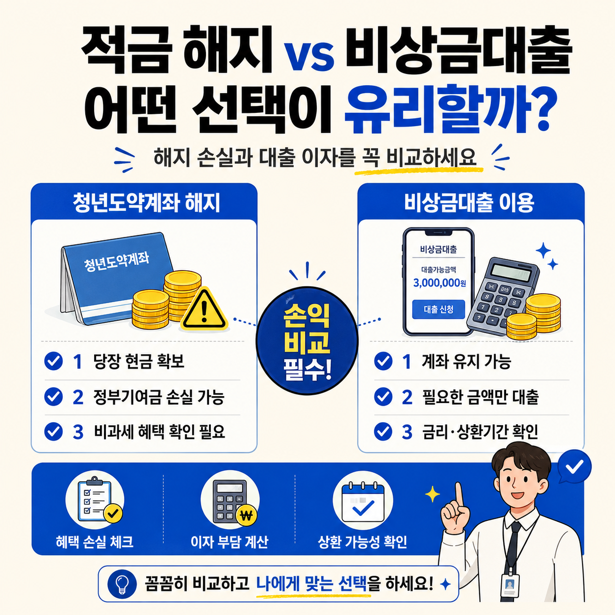 청년도약계좌 해지와 비상금대출 이용을 비교하며 당장 현금 확보, 정부기여금 손실 가능성, 비과세 혜택 확인, 계좌 유지 가능성, 필요한 금액만 대출, 금리와 상환기간 확인 등을 따져보고 나에게 맞는 선택을 해야 한다는 금융 정보 인포그래픽