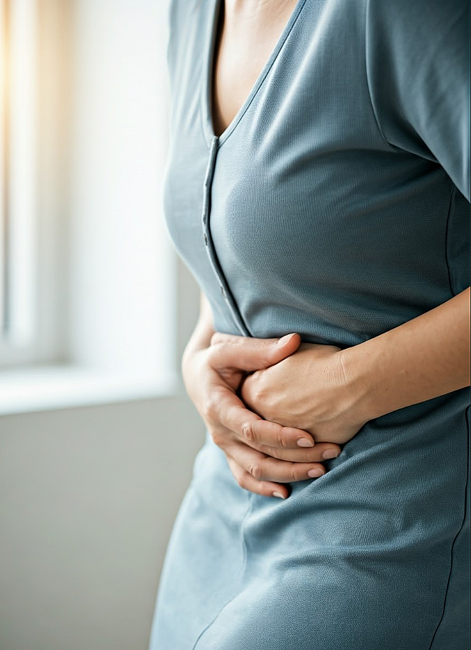 생리통이 심한 여성이 배를 감싸고 있는 모습의 사진