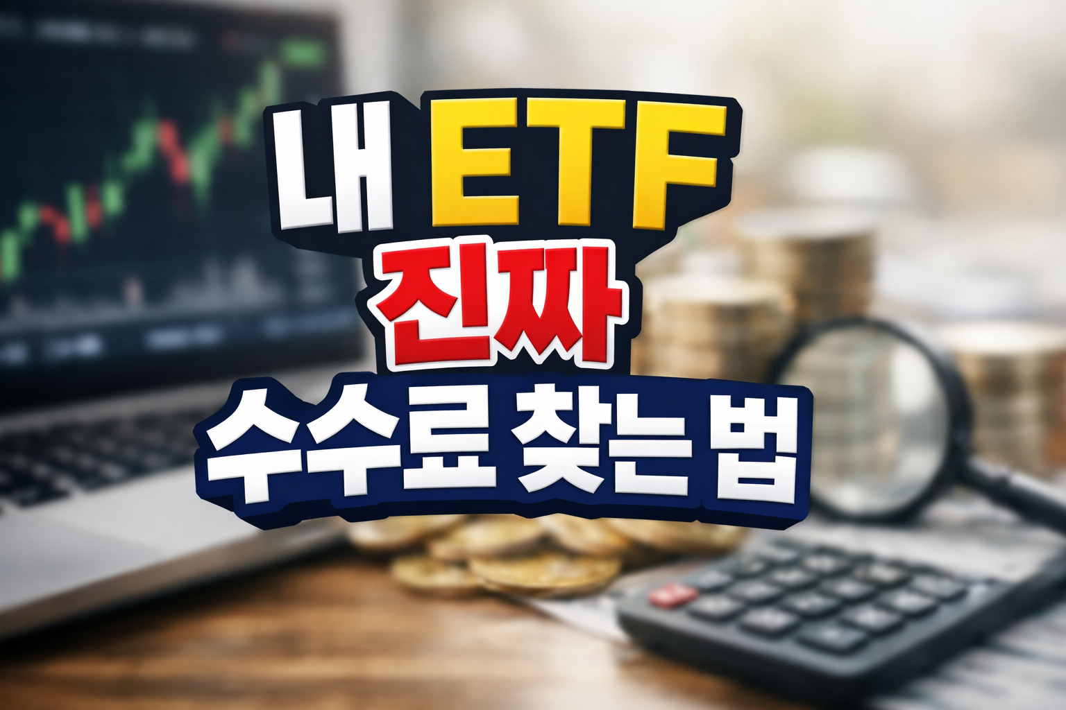 노트북 주가 차트와 동전, 계산기 배경 위에 &ldquo;내 ETF 진짜 수수료 찾는 법&rdquo; 문구가 강조된 이미지