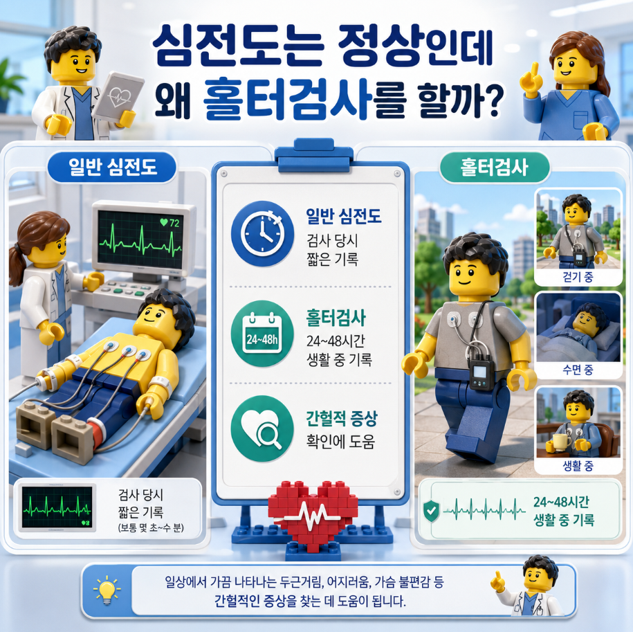 심전도는 정상인데 홀터검사를 하는 이유를 일반 심전도와 홀터검사 비교로 설명한 레고 스타일 의료 인포그래픽