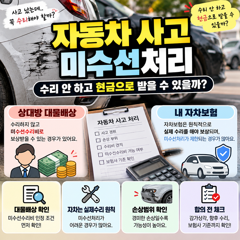 자동차 사고 미수선처리 미수선수리비 대물배상 자차보험 차이