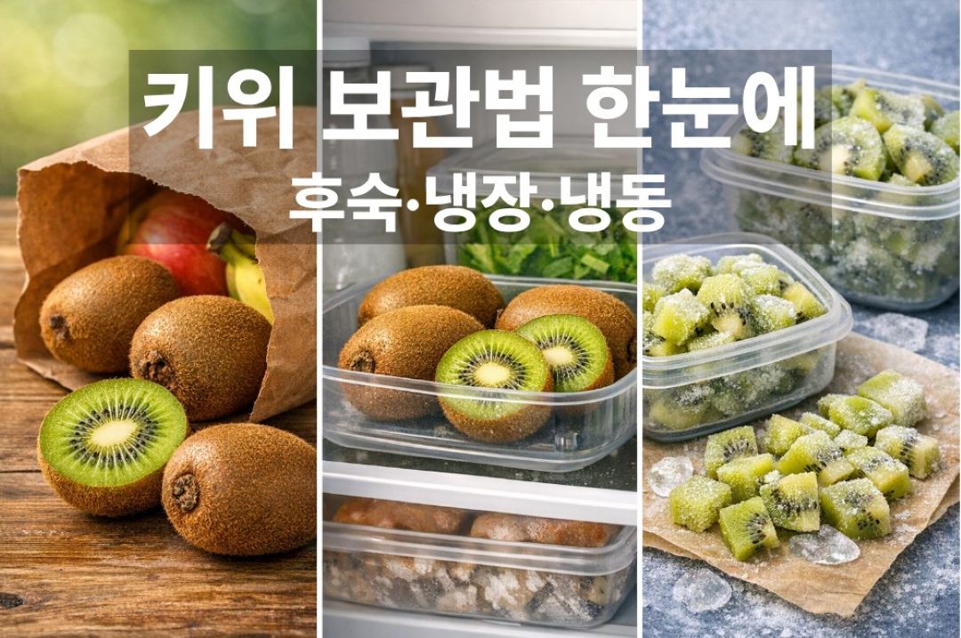키위 보관법을 후숙(실온), 냉장 보관, 냉동 보관 3단계로 정리한 대표 이미지