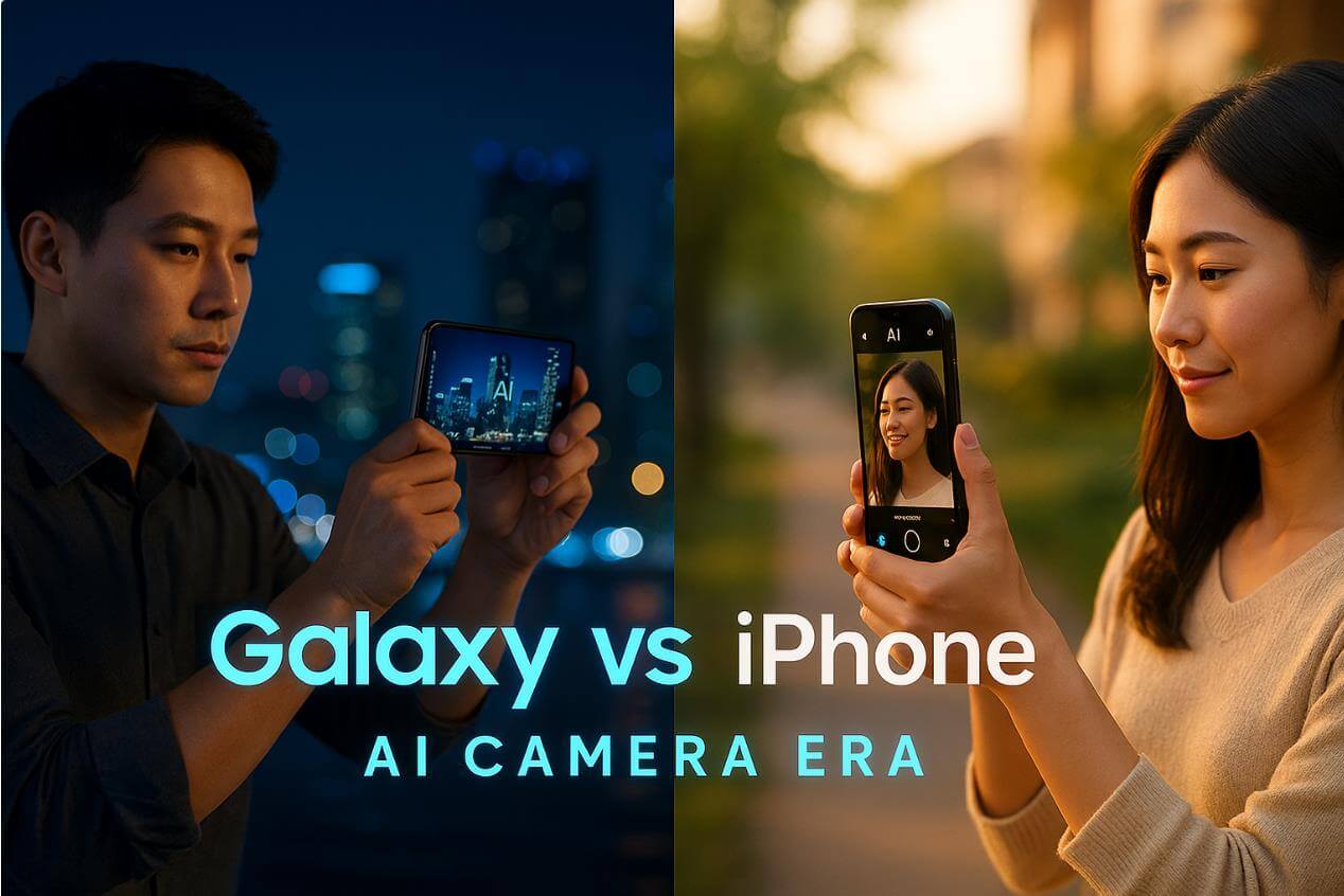 갤럭시와 아이폰의 AI 카메라 특징을 비교하는 장면
