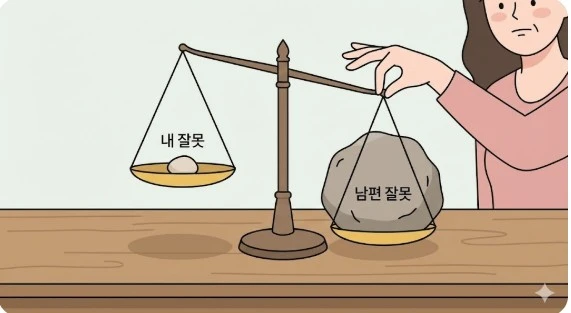 남편 잘못이 훨씬 무겁게 기울어진 저울 일러스트