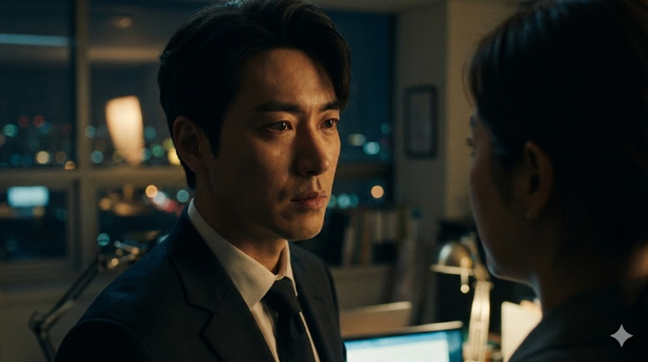 어두운 사무실, 창밖의 불빛을 등진 채 지윤을 바라보는 은호의 클로즈업 샷